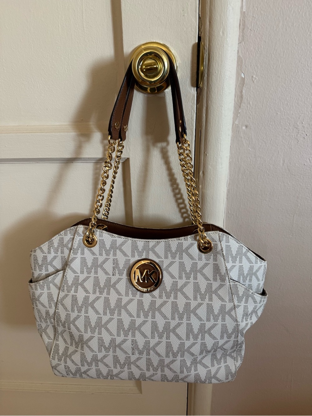Michael Kors White MK Logo Tote with Brown Trim and Gold Hardware